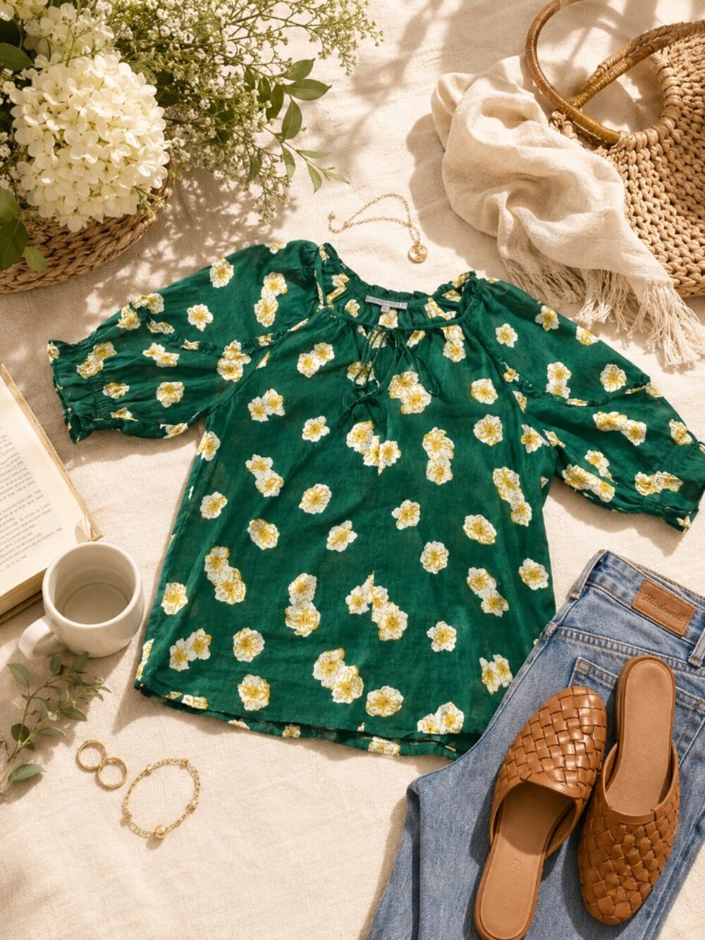 Daniel Rainn Green Floral Tie Neck Blouse Cottagecore Boho Romantic Medium